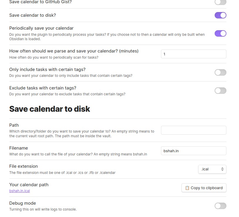 iCal plugin settings